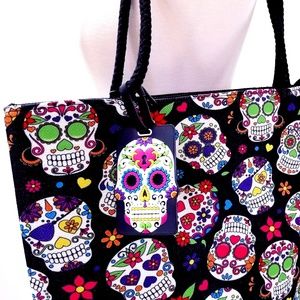 BUNDLE Sugar Skull Tote Bag + Matching Luggage Tag BLACK